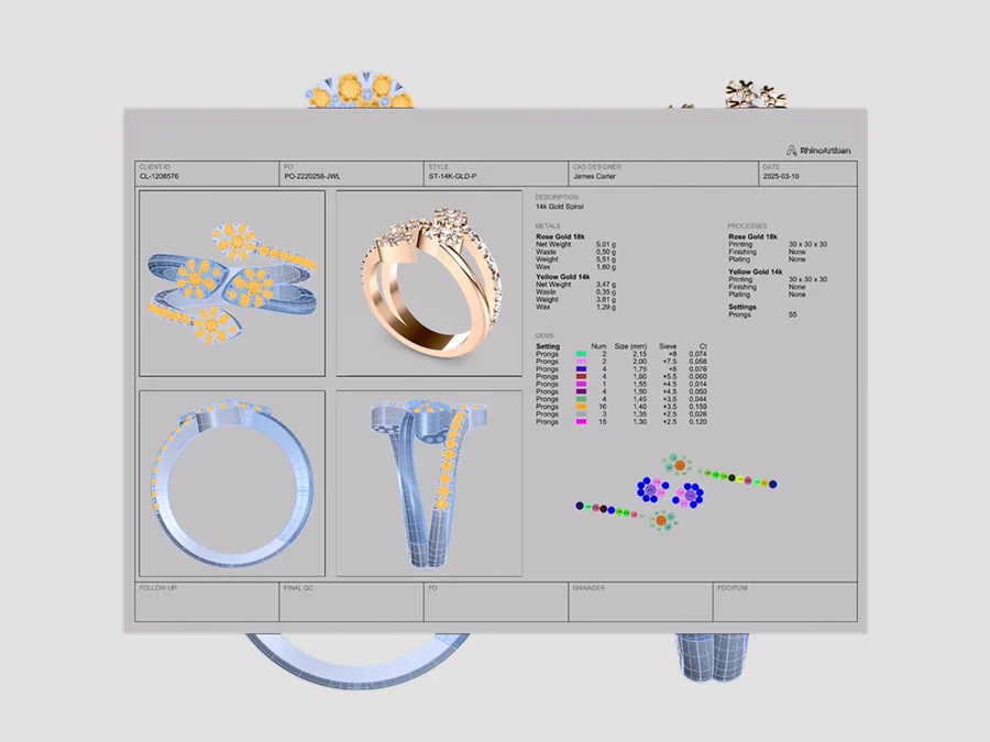 Technical sheet with metals, gems and processes